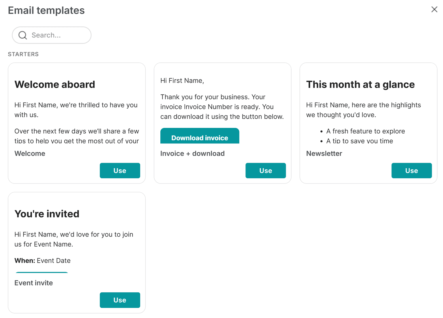 La galerie de modèles d'e-mails de MailMergic, avec les modèles enregistrés que vous pouvez rechercher et appliquer