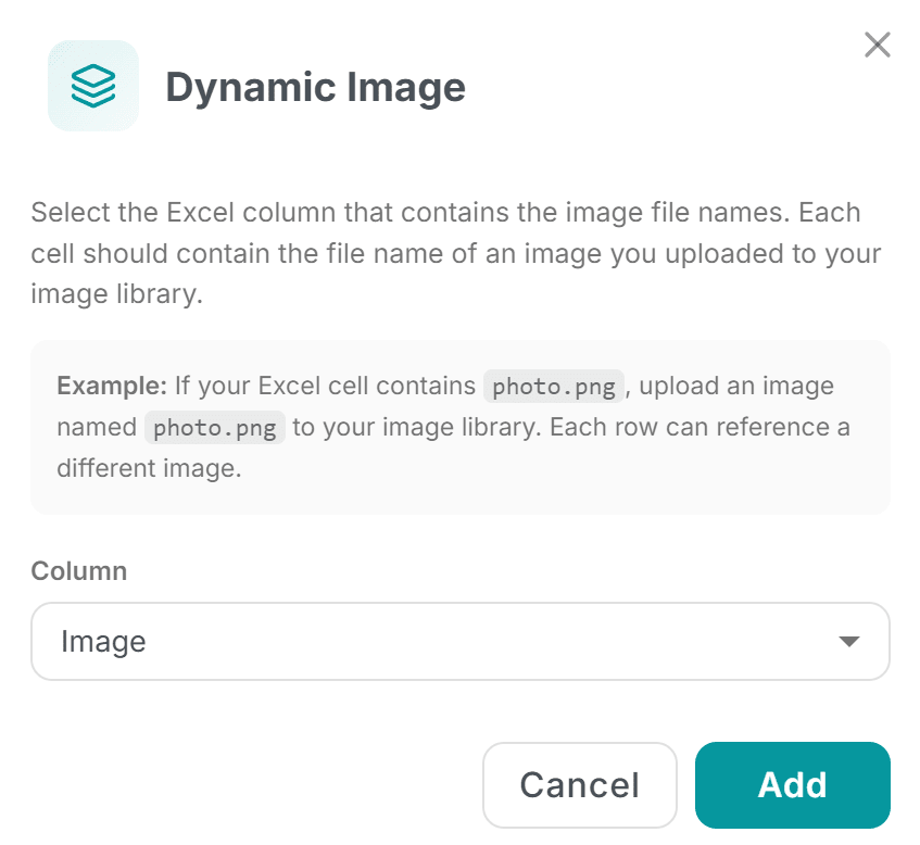Le panneau Images de l'éditeur Word de MailMergic avec une image dynamique liée à une colonne du tableur