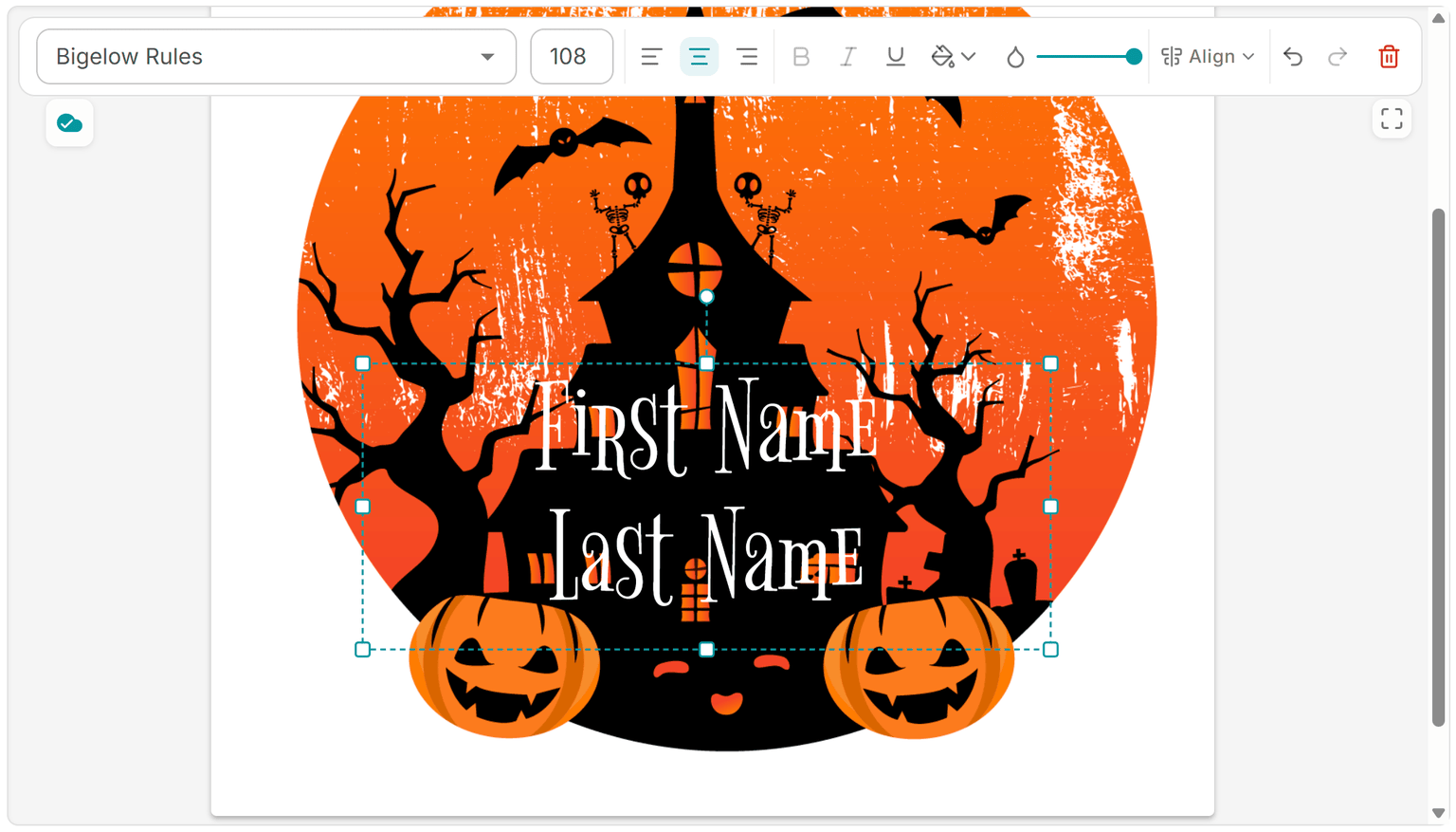 L'éditeur MailMergic affichant un modèle d'image PNG avec des espaces réservés de texte en cours de personnalisation