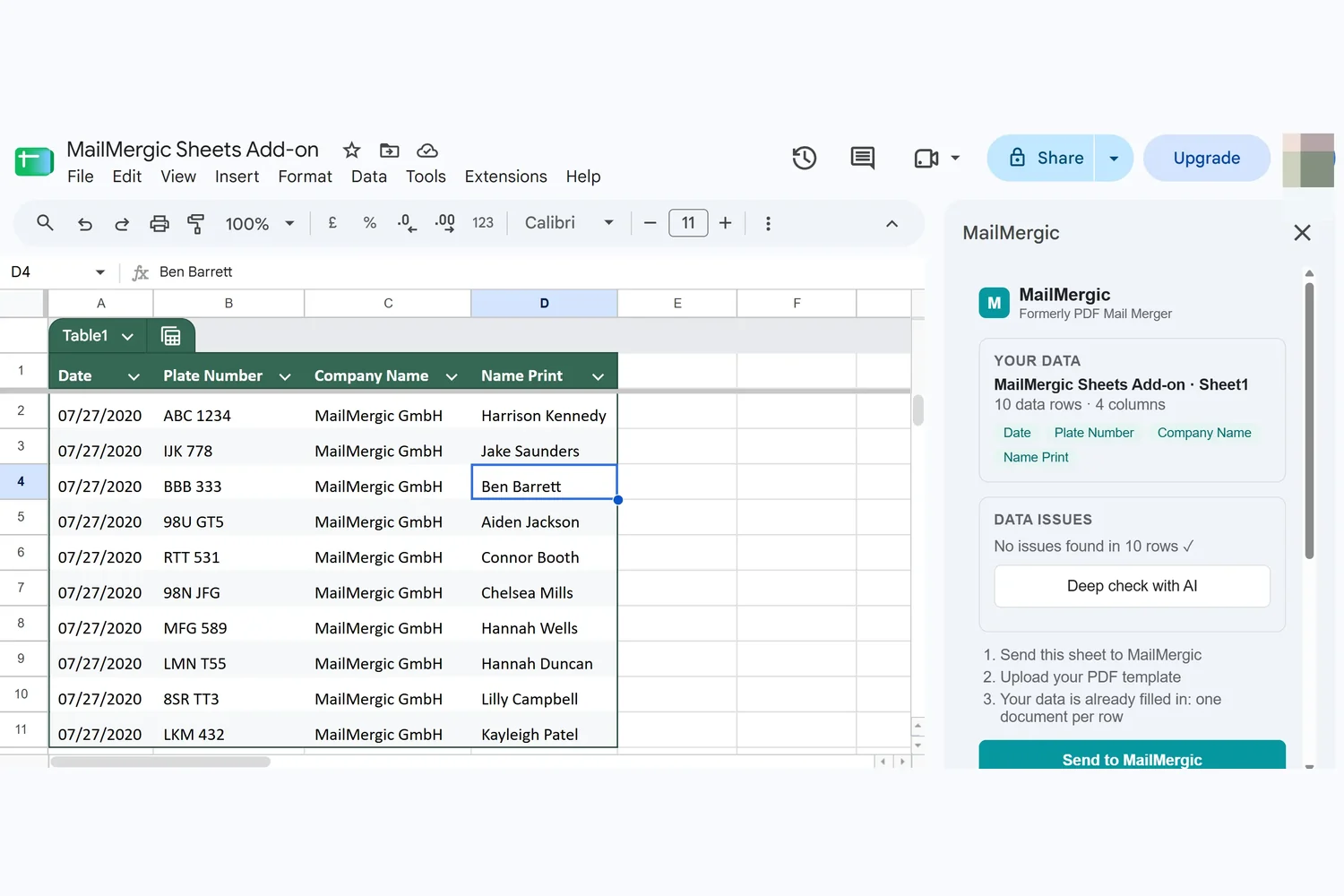 The MailMergic sidebar open inside a Google Sheets spreadsheet, showing the detected columns of a course roster