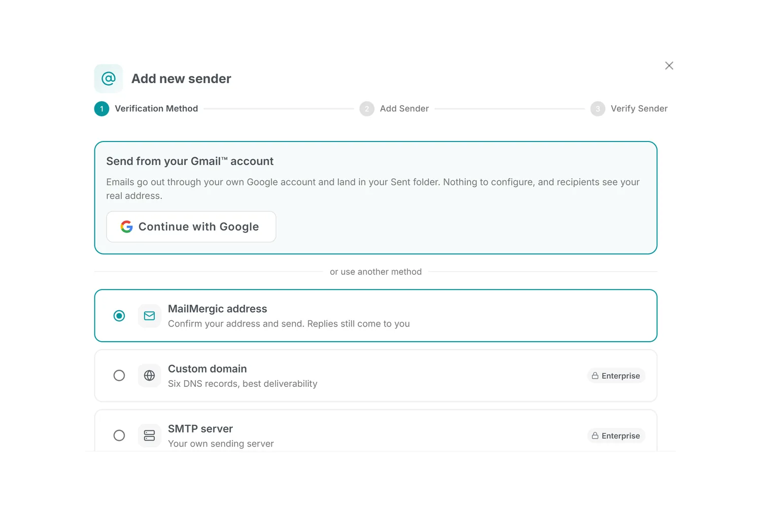 Die Gmail-Karte im MailMergic-Absenderdialog mit dem Button Weiter mit Google