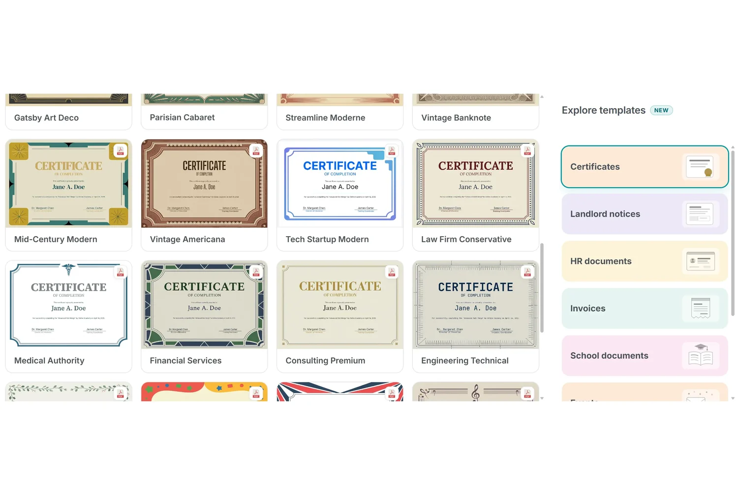The MailMergic template gallery showing category cards and ready-made certificate, invoice and HR designs