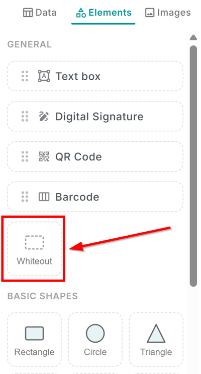 The MailMergic editor sidebar showing the Cover and erase section with the Whiteout element tile
