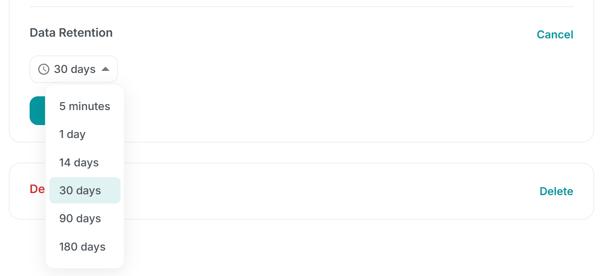 Configurações de retenção de dados