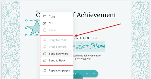 Menu de contexto com clique direito no editor MailMergic exibindo as opções Trazer para frente, Trazer adiante, Enviar para trás e Enviar para o fundo