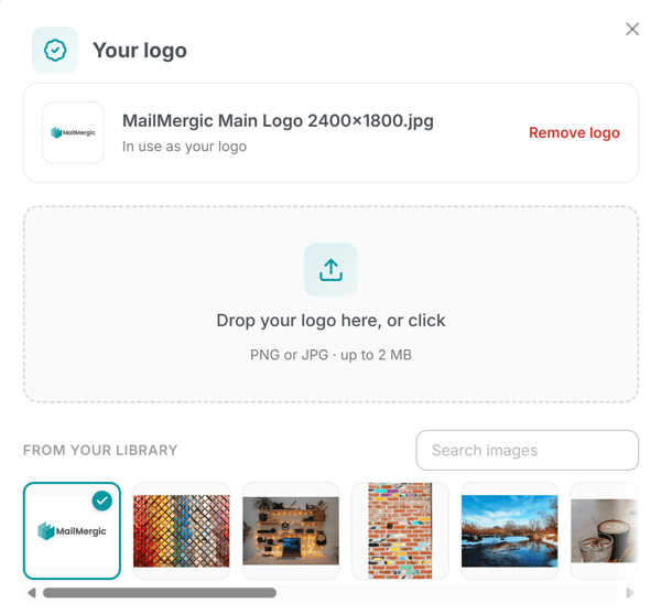 L'éditeur MailMergic affichant l'option Logo en un clic qui insère le logo de votre marque