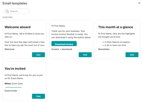 La galerie de modèles d'e-mails de MailMergic, avec les modèles enregistrés que vous pouvez rechercher et appliquer