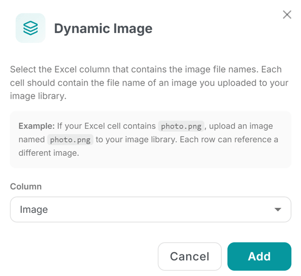 Le panneau Images de l'éditeur Word de MailMergic avec une image dynamique liée à une colonne du tableur