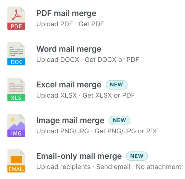 L'application de bureau MailMergic Offline affichant les options de modèles Word, Excel, PDF et image