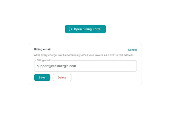 The billing email field on the MailMergic billing page, with an invoice PDF arriving in an accounting inbox