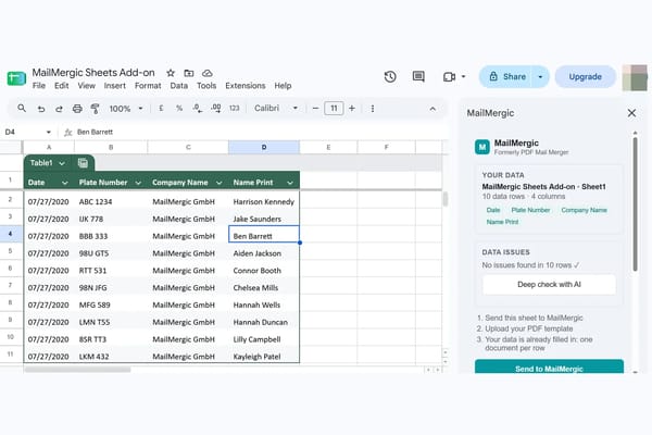 The MailMergic sidebar open inside a Google Sheets spreadsheet, showing the detected columns of a course roster