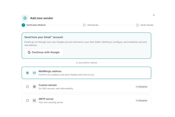 Die Gmail-Karte im MailMergic-Absenderdialog mit dem Button Weiter mit Google