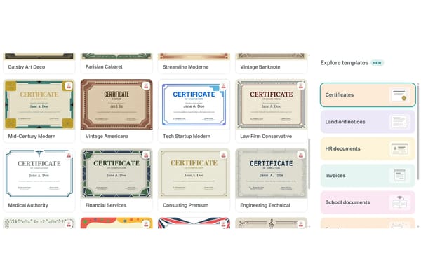 The MailMergic template gallery showing category cards and ready-made certificate, invoice and HR designs