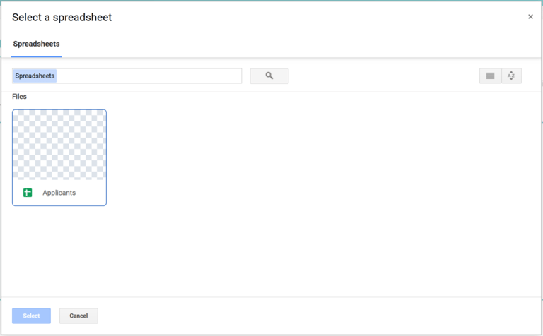 Cuadro de diálogo del selector de archivos de Google Drive que muestra las hojas de cálculo disponibles para selección