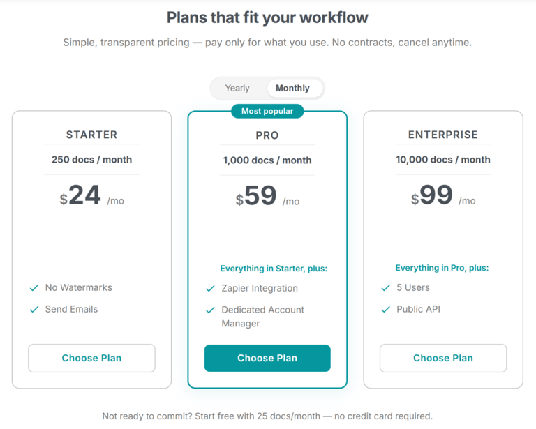 La página de precios destacando la tarjeta del plan Starter entre Free y Pro, mostrando "250 documentos/mes"